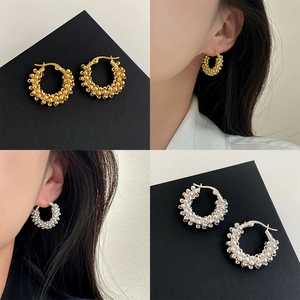 Micro Beaded Hoop Earrings French Retro Style Brass Gold Silver Plated Textured Elegant Fashion Jewelry For Women