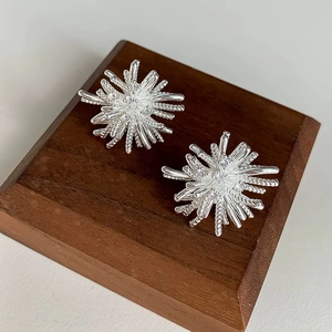 Close-up of fireworks design stud earrings with zircon inlay on wooden base