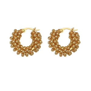 French minimalist gold beaded hoop earrings with intricate textured ball design