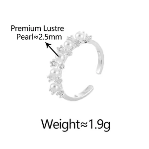 Elegant adjustable silver ring with 2.5mm premium pearls and sparkling zircons