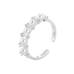 French style silver adjustable open ring featuring five round pearls and zircon accents