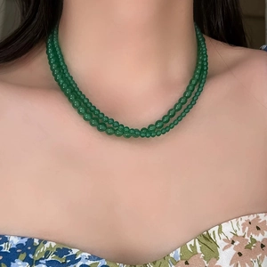 Elegant double-layered green chalcedony beaded necklace with a gradient design for women