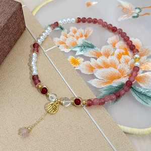 Beaded Bracelet Natural Stone Purple Artificial Pearl With Golden Hollow Blessing Pendant And Tassel Elegant Retro Style For Women