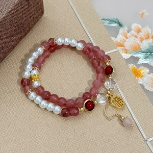 New Chinese-style double-layered bracelet with pink strawberry quartz, pearls and Fu pendant