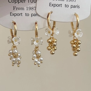 Vintage French Flower Artificial Pearl Tassel Earrings With Copper Earring Post 14k Gold Plated Grape Cluster Drop Jewelry For Women