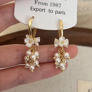 French vintage pearl grape cluster and flower tassel earrings with gold hoop design