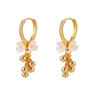 French vintage gold earrings with white resin flowers and pearl cluster tassels