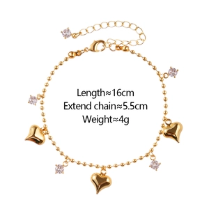 Elegant gold heart bead bracelet with zircon stones and adjustable 16cm plus 5.5cm chain