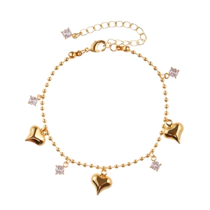 Elegant gold-plated heart bracelet with zircon pendants on a round bead chain