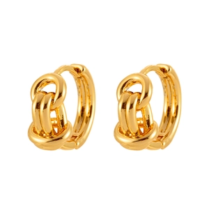 Minimalist double-layered knotted gold hoop earrings with thick chain design on white background