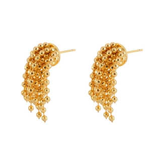 Gold ball stud earrings with cascading fringe tassels in a luxury half-round design