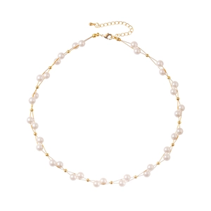 Collier élégant double rang de perles et billes dorées avec fermoir ajustable