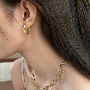 French vintage gold plated earrings with colorful enamel drop and layered bead necklaces