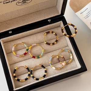 Bamboo Texture Hoop Earrings Copper 18K Gold Plated Enamel Color Block Retro Style With 925 Sterling Silver Earring Post