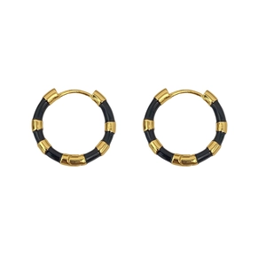 French vintage hoop earrings with gold and black enamel bamboo design for women