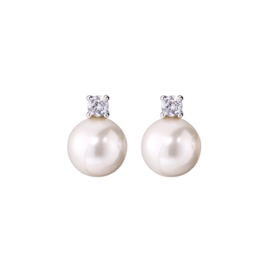 Elegant pearl stud earrings with sparkling round zircon in a minimalist silver setting