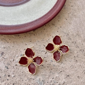 Elegant Flower Stud Earrings Copper Enamel Four Leaf Clover 18K Gold Plated With 925 Sterling Silver Earring Post Retro For Women