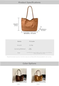 Detailed view of lightweight suede PU tote bag specifications and dimensions chart