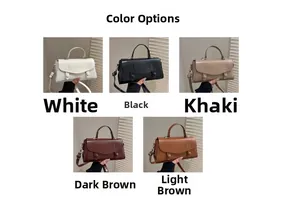 Grid display of vintage top handle bags in white, black, khaki, and brown shades