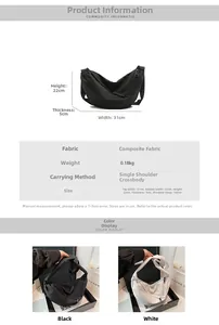 Detailed size chart for minimalist crossbody crescent bag with strap dimensions