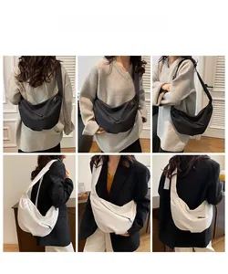 Detailed views of nylon crescent crossbody bags in black and beige with adjustable straps