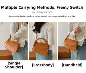 Orange croc-effect bag shown as handbag, shoulder bag, and crossbody style