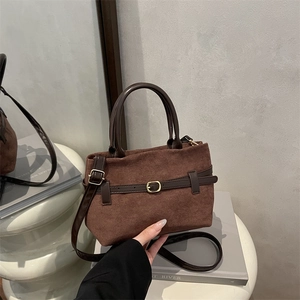 Retro dark brown suede tote bag with golden buckle and adjustable shoulder strap