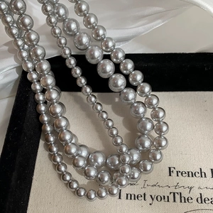 Grey Artificial Pearl Necklace Metallic Luster Round Beads Minimalist Elegant Jewelry For Women