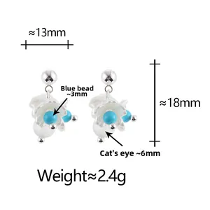 Detailed dimensions of silver flower stud earrings with blue turquoise and cat eye beads
