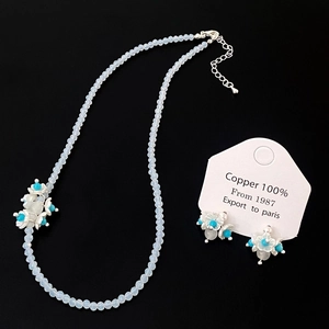 Flower Beaded Necklace And Earrings Protein Crystal Blue Turquoise Cat Eye Stone Silver Plated Copper Elegant For Women