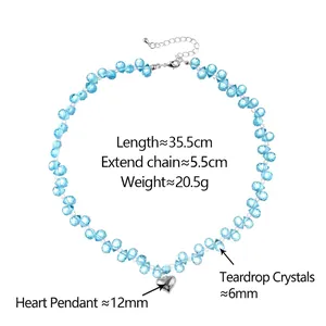 Collier en perles de cristal bleu clair en forme de goutte avec pendentif cœur poli
