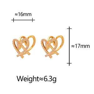 Detail showing 16mm x 17mm gold heart earrings with cubic zirconia and dimensions