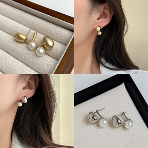 Elegant Artificial Pearl Drop Earrings For Women Minimalist Metal Bean Stud Earrings Alloy Fashion Jewelry Versatile
