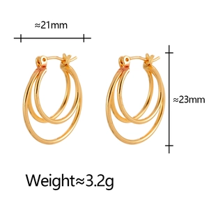 Detail view of gold triple hoop earrings with precise 21mm width and 23mm height measurements