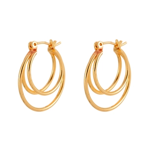 Three-layer nested gold hoop earrings with polished metal finish and clasp closure