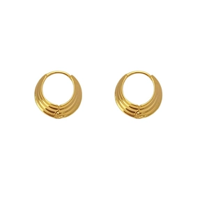 Golden hoop earrings with triple-layered ribbed texture and minimalist geometric design