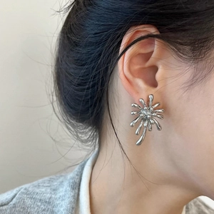 Silver firework stud earrings for women with elegant radial flower design in metallic finish