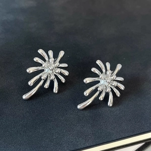 Modern silver fireworks stud earrings with polished metallic radial structure for women