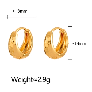 Detailed view of gold earrings with diamond-cut patterns, size 13mm by 14mm