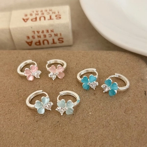 Flower Hoop Earrings Cat's Eye Stone Clover Zircon Copper With 925 Sterling Silver Earring Post Sweet Jewelry For Women