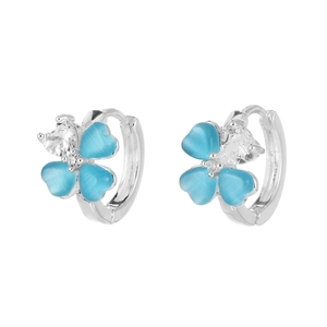 Elegant silver clover hoop earrings with blue cat-eye stones and cubic zirconia