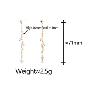 Elegant French style pearl fringe earrings with 71mm long drop tassel design
