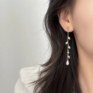 Elegant French style long gold chain tassel earrings with white pearls for women