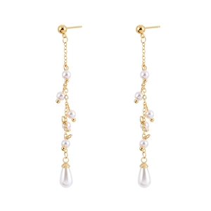 Elegant gold chain tassel earrings featuring white round pearls and a large teardrop drop