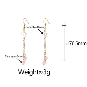 Long tassel butterfly drop earrings with pink cat eye stone and golden chain length 76.5mm
