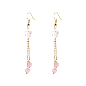 Elegant gold butterfly tassel earrings with cat eye stones and delicate long chains