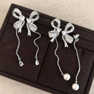 Elegant Bowknot Tassel Drop Earrings Copper Micro Pave Zircon Imitation Artificial Pearl With 925 Sterling Silver Earring Post Women