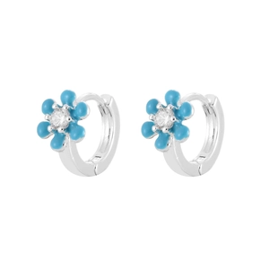 Boucles d'oreilles créoles fleurs argentées avec émail bleu ciel et zircons brillants