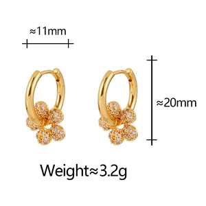 Detailed specs of gold huggie hoop earrings with zircon pavé flowers, 20mm height