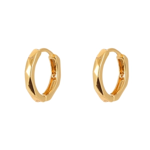 Detailed view of gold-tone geometric textured hoop earrings with multi-faceted design